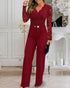 Off Shoulder Long Sleeve Eyelash Lace Spliced Slim Fit Overalls Casual Zipper Back Jumpsuit with Belt Wine red
