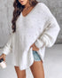 V-Neck Long Sleeve Beaded Decor Oversized Sweater Fluffy Pullover Top white