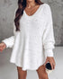 V-Neck Long Sleeve Beaded Decor Oversized Sweater Fluffy Pullover Top white
