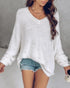 V-Neck Long Sleeve Beaded Decor Oversized Sweater Fluffy Pullover Top white