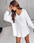 V-Neck Long Sleeve Beaded Decor Oversized Sweater Fluffy Pullover Top white