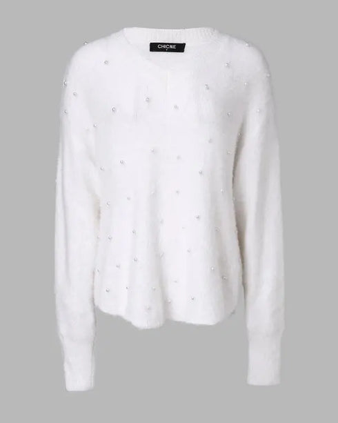 V-Neck Long Sleeve Beaded Decor Oversized Sweater Fluffy Pullover Top white