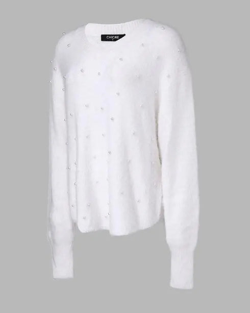 V-Neck Long Sleeve Beaded Decor Oversized Sweater Fluffy Pullover Top white