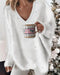 V-Neck Long Sleeve Beaded Decor Oversized Sweater Fluffy Pullover Top white