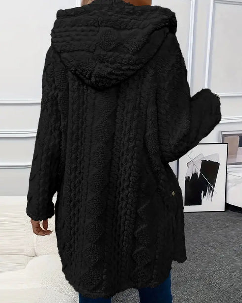 Argyle Textured Button Down Side Slit Long Sleeve Fleece Teddy Coat Hooded Jacket Warm Outwear black