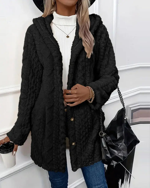 Argyle Textured Button Down Side Slit Long Sleeve Fleece Teddy Coat Hooded Jacket Warm Outwear black