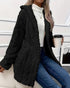 Argyle Textured Button Down Side Slit Long Sleeve Fleece Teddy Coat Hooded Jacket Warm Outwear black