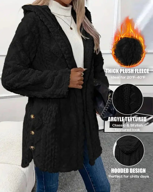 Argyle Textured Button Down Side Slit Long Sleeve Fleece Teddy Coat Hooded Jacket Warm Outwear black