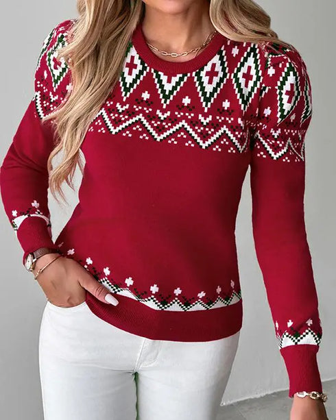 Christmas Aztec Geometric Pattern Knit Sweater red