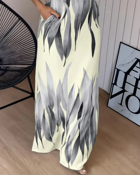 Plants Print Square Neck Thick Strap Maxi Dress Casual Slim Fit Side Slit Vacation Dress with Pockets gray