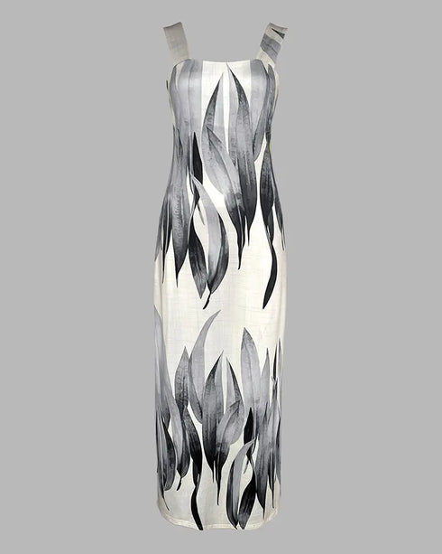 Plants Print Square Neck Thick Strap Maxi Dress Casual Slim Fit Side Slit Vacation Dress with Pockets gray