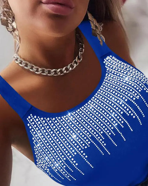 Round Neck Rhinestone Decor Skinny Tank Top blue