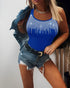 Round Neck Rhinestone Decor Skinny Tank Top blue