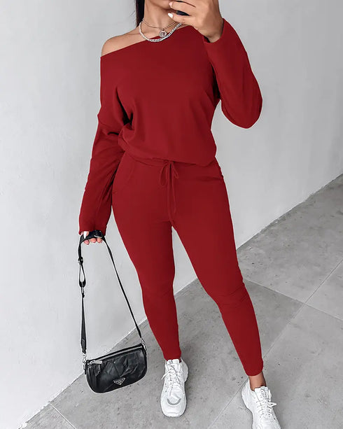 2 Pieces Outfit Long Sleeve Skew Neck Pullover Top and Drawstring Elastic Waist Slim Fit Pants Set red