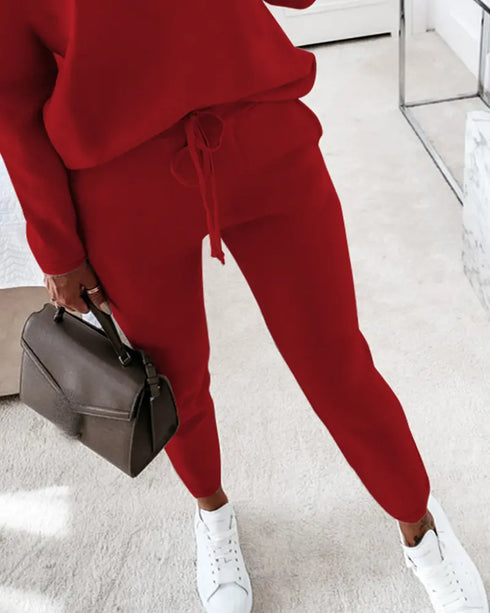 2 Pieces Outfit Long Sleeve Skew Neck Pullover Top and Drawstring Elastic Waist Slim Fit Pants Set red