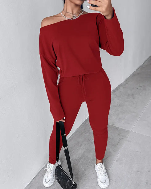 2 Piece Faith Geometric Print Outfit Long Sleeve Skew Neck Pullover Tops Stretchy Waist Pants Set Tracksuit red