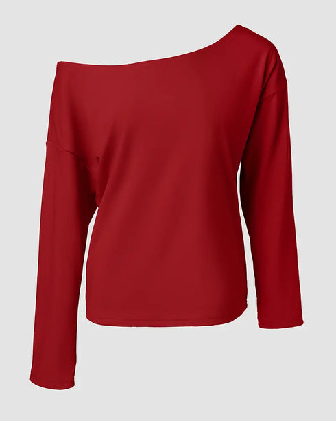 2 Pieces Outfit Long Sleeve Skew Neck Pullover Top and Drawstring Elastic Waist Slim Fit Pants Set red