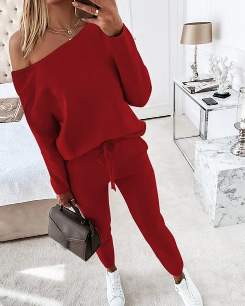 2 Piece Faith Geometric Print Outfit Long Sleeve Skew Neck Pullover Tops Stretchy Waist Pants Set Tracksuit red