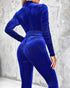 Velvet Off Shoulder Beaded Jumpsuits Elegant Long Sleeve Overalls with Elastic Waistbelt blue