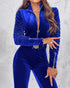 Velvet Off Shoulder Beaded Jumpsuits Elegant Long Sleeve Overalls with Elastic Waistbelt blue
