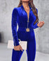 Velvet Off Shoulder Beaded Jumpsuits Elegant Long Sleeve Overalls with Elastic Waistbelt blue