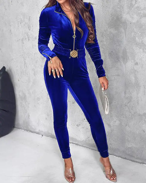 Velvet Zipper Design Ruched Long Sleeve Jumpsuit With Elastic Waistbelt blue