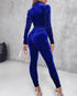 Velvet Zipper Design Ruched Long Sleeve Jumpsuit With Elastic Waistbelt blue