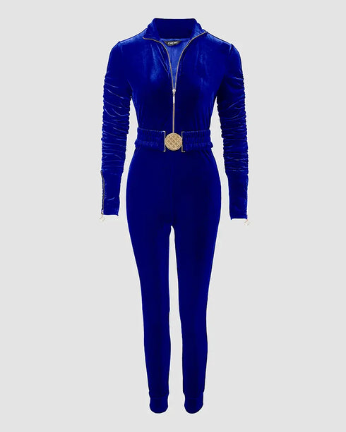 Velvet Off Shoulder Beaded Jumpsuits Elegant Long Sleeve Overalls with Elastic Waistbelt blue