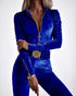 Velvet Zipper Design Ruched Long Sleeve Jumpsuit With Elastic Waistbelt blue