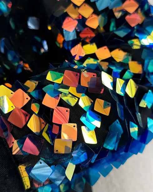 Contrast Sequin Long Sleeve Jacket Top Button Front Raw Hem Loose Fit Shacket black