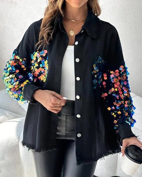 Contrast Sequin Long Sleeve Jacket Top Button Front Raw Hem Loose Fit Shacket black