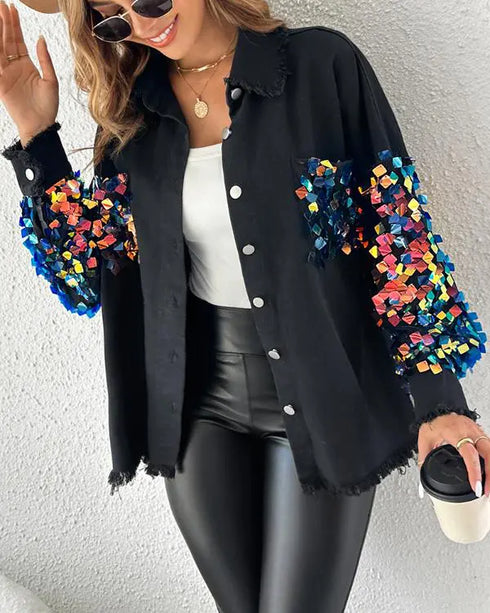 Contrast Sequin Long Sleeve Jacket Top Button Front Raw Hem Loose Fit Shacket black