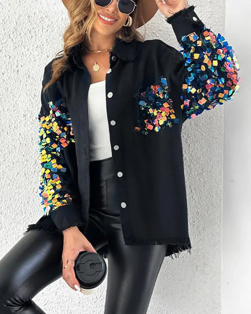 Contrast Sequin Long Sleeve Jacket Top Button Front Raw Hem Loose Fit Shacket black