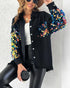 Contrast Sequin Long Sleeve Jacket Top Button Front Raw Hem Loose Fit Shacket black