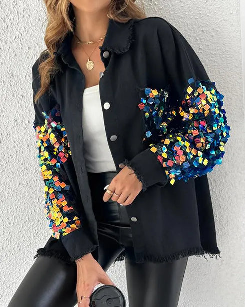 Contrast Sequin Long Sleeve Jacket Top Button Front Raw Hem Loose Fit Shacket black