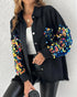 Contrast Sequin Long Sleeve Jacket Top Button Front Raw Hem Loose Fit Shacket black