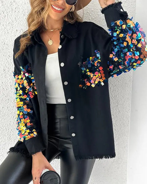 Contrast Sequin Long Sleeve Jacket Top Button Front Raw Hem Loose Fit Shacket black