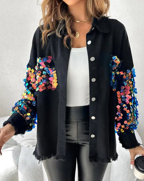 Contrast Sequin Long Sleeve Jacket Top Button Front Raw Hem Loose Fit Shacket black