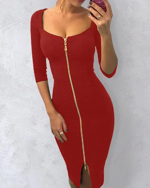 Square Neck Half Sleeves Bodycon Dress Full Front Zip Split Midi Dress red