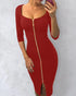 Square Neck Half Sleeves Bodycon Dress Full Front Zip Split Midi Dress red