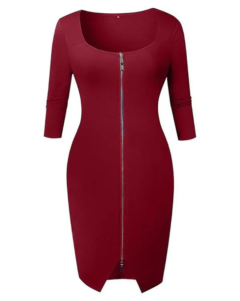Square Neck Half Sleeves Bodycon Dress Full Front Zip Split Midi Dress red