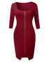 Square Neck Half Sleeves Bodycon Dress Full Front Zip Split Midi Dress red