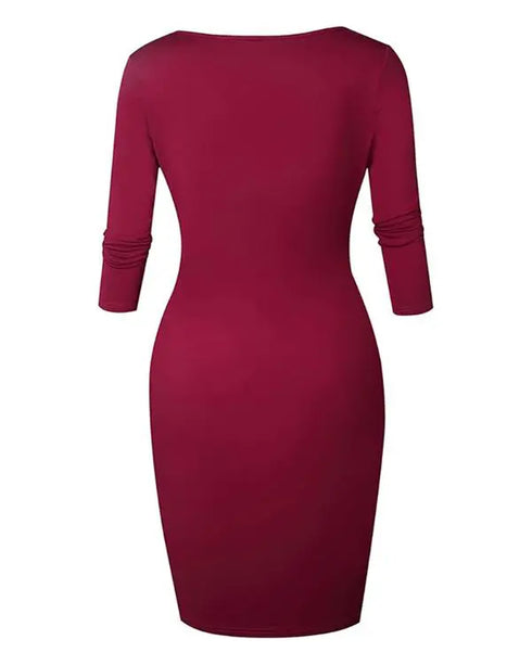 Square Neck Half Sleeves Bodycon Dress Full Front Zip Split Midi Dress red