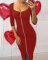 Square Neck Half Sleeves Bodycon Dress Full Front Zip Split Midi Dress red