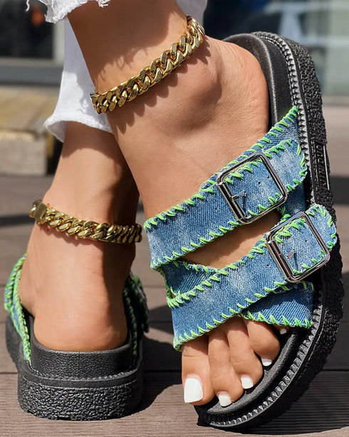 Cowboy Wrap Around Thick Bottom Slippers blue