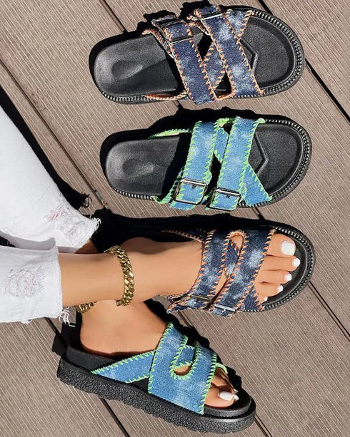 Cowboy Wrap Around Thick Bottom Slippers blue