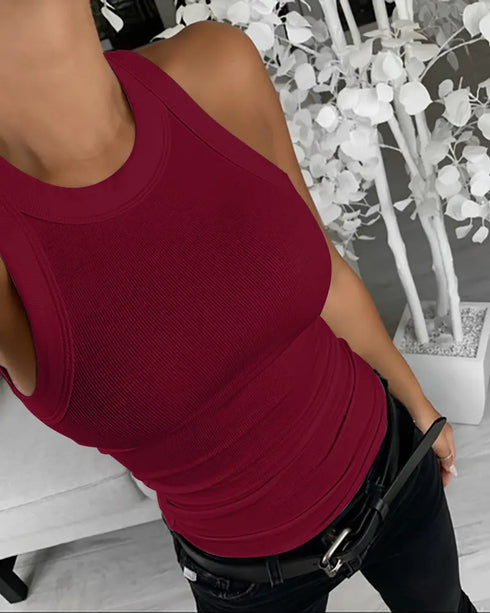 O-Neck Sleeveless Basic Slim Fit Skinny Tank Casual Top(Without Pads) Wine red