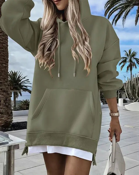 Long Sleeve Pocket Design Pullover Sweatshirt Casual Faux Two Piece Longline Drawstring Hooded Top Army green