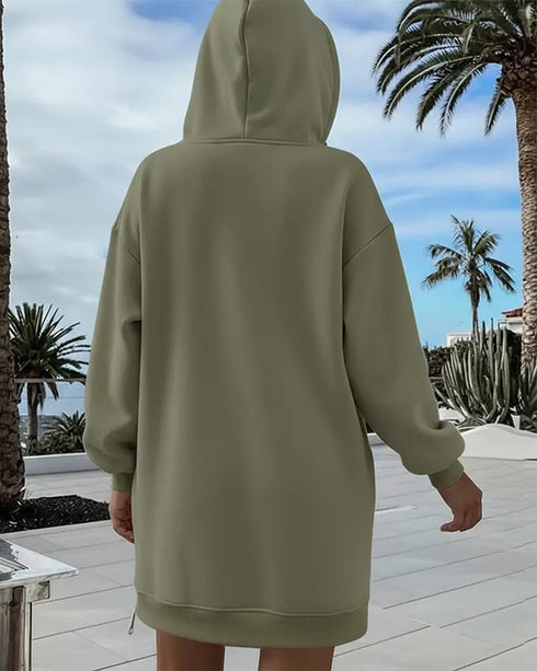 Long Sleeve Pocket Design Pullover Sweatshirt Casual Faux Two Piece Longline Drawstring Hooded Top Army green