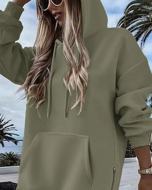 Long Sleeve Pocket Design Pullover Sweatshirt Casual Faux Two Piece Longline Drawstring Hooded Top Army green
